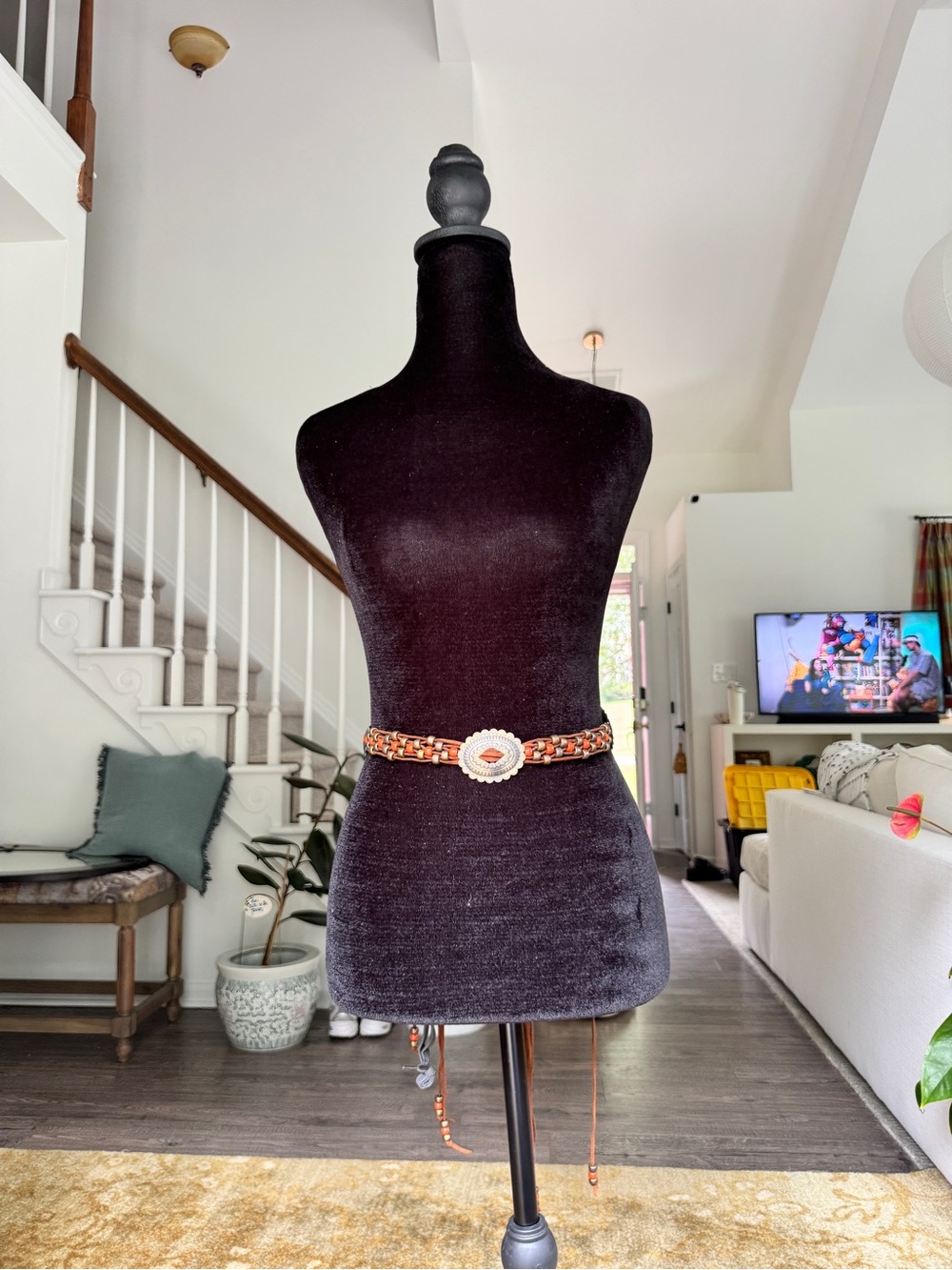 Decorative Beaded Leather Belt with Concho Accent - Brown